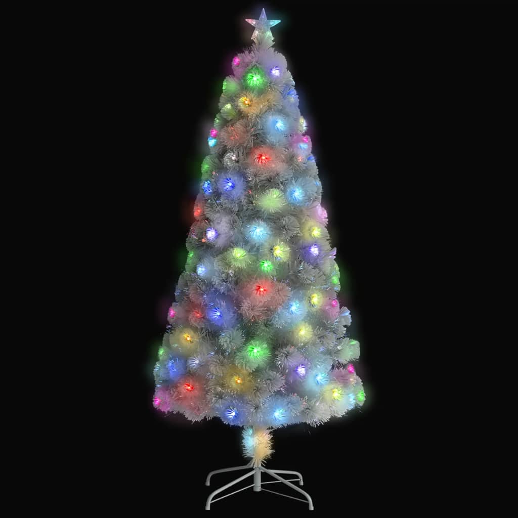 A 5 ft white pre-lit artificial Christmas tree with colorful fiber optic LED lights.