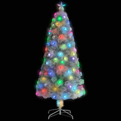 A 5 ft white pre-lit artificial Christmas tree with colorful fiber optic LED lights.
