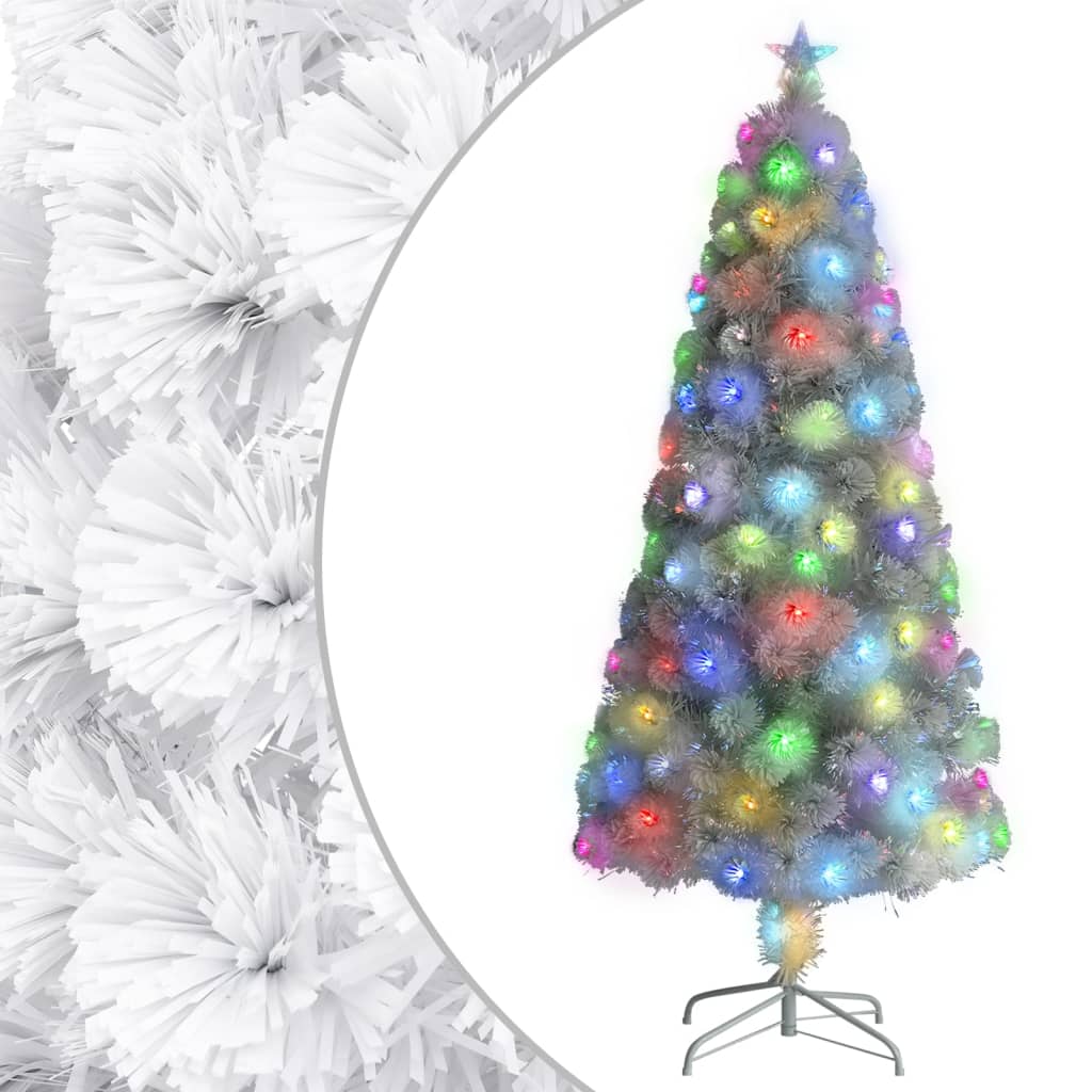 A white pre-lit artificial Christmas tree with colorful fiber optic LED lights.
