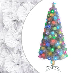 A white pre-lit artificial Christmas tree with colorful fiber optic LED lights.