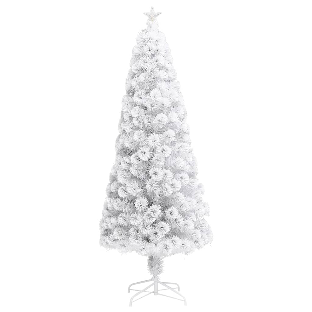 A 7ft white pre-lit artificial Christmas tree with fiber optic lights and a star topper on a stand.
