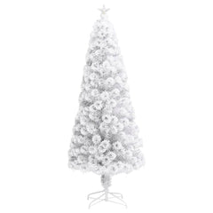 A 7ft white pre-lit artificial Christmas tree with fiber optic lights and a star topper on a stand.
