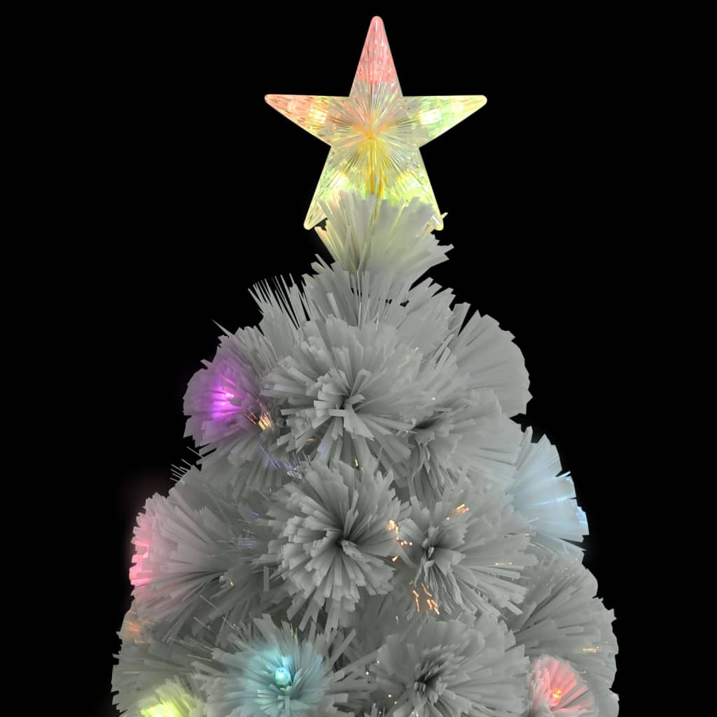 A 7ft white pre-lit artificial Christmas tree with fiber optic lights and a star topper.