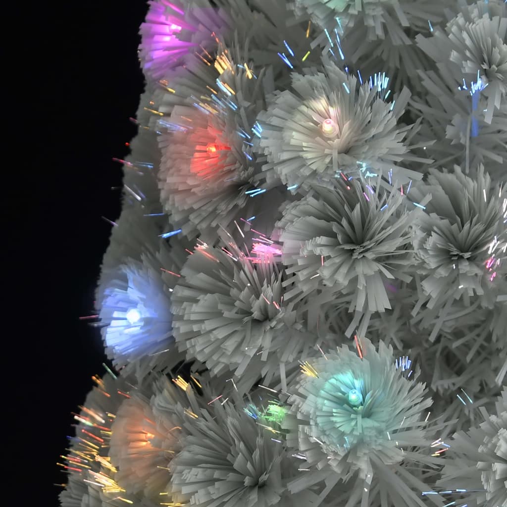 A 7ft white pre-lit artificial Christmas tree with fiber optic lights in multicolored glows.