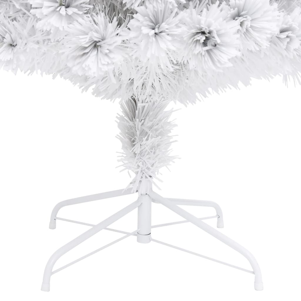 A 7ft white pre-lit artificial Christmas tree with fiber optic lights and sturdy stand.