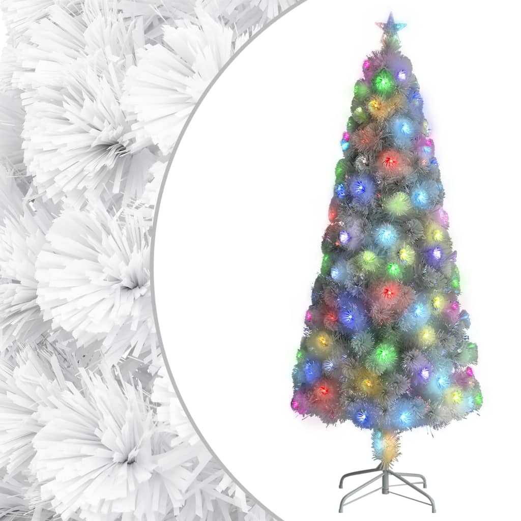 A 7ft white pre-lit artificial Christmas tree with fiber optic lights and a star topper on a metal stand.