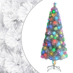 A 7ft white pre-lit artificial Christmas tree with fiber optic lights and a star topper on a metal stand.