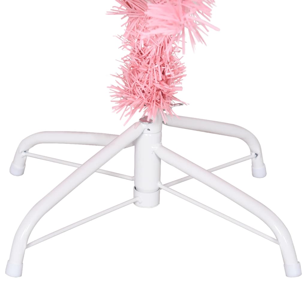 A pink artificial Christmas tree with a white steel stand.