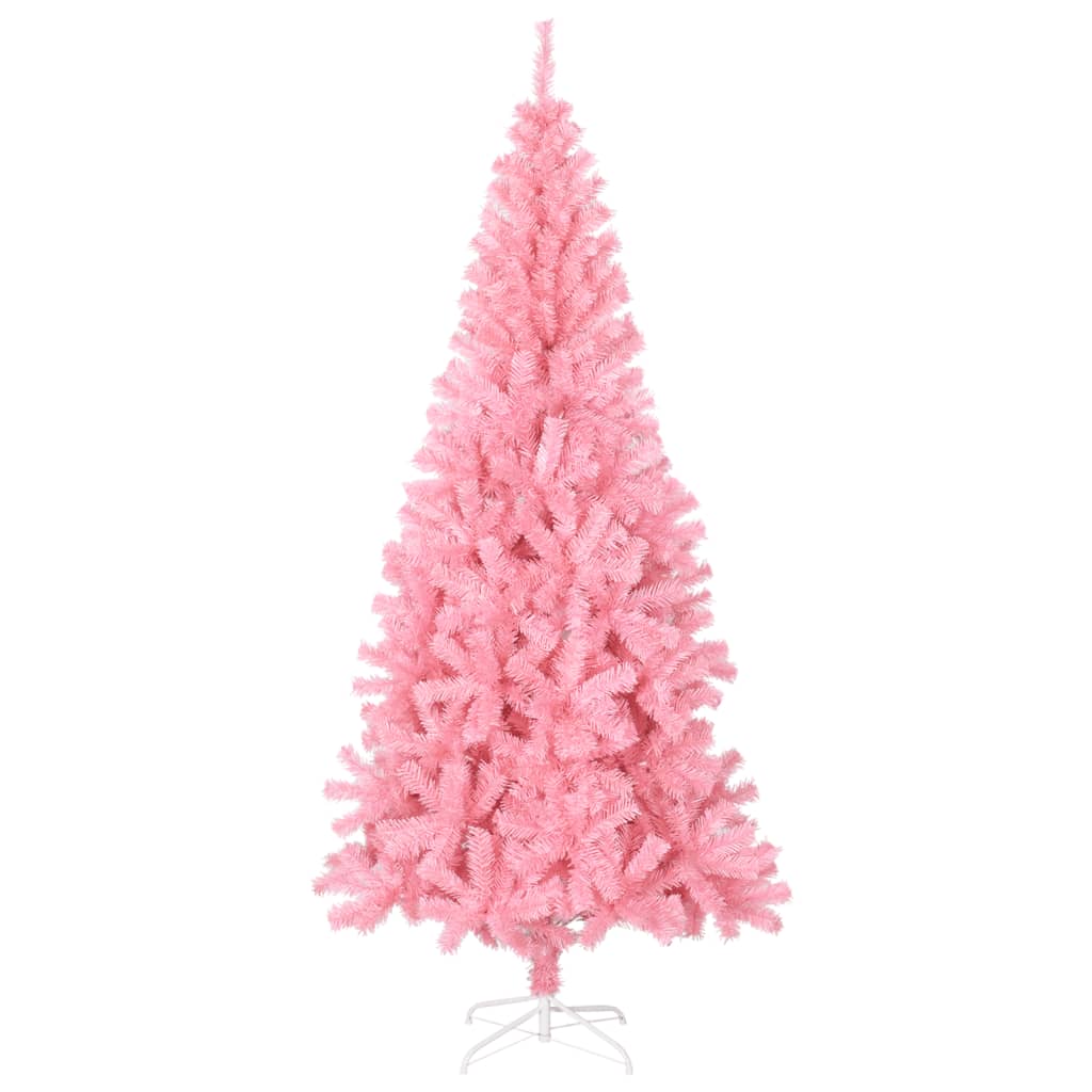An 8-foot pink PVC artificial Christmas tree with a stand and full branches.