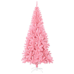 An 8-foot pink PVC artificial Christmas tree with a stand and full branches.