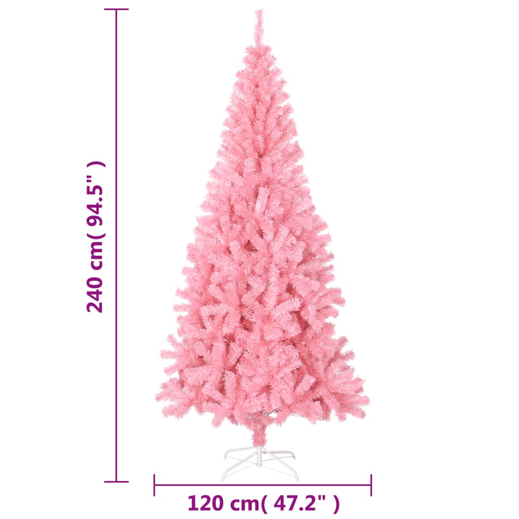 8 ft pink artificial Christmas tree with PVC branches and metal stand, 240 cm tall.