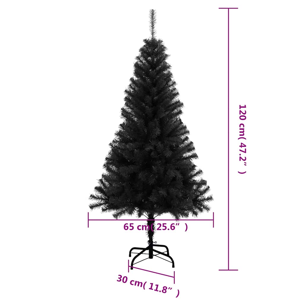 A 4 ft black artificial Christmas tree on a PVC stand, with height and base dimensions shown.