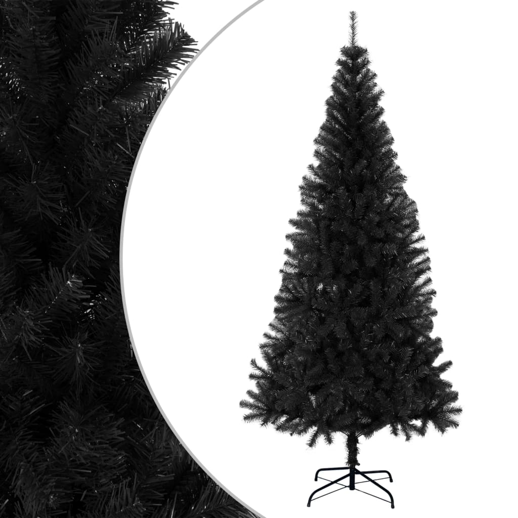 8 ft black PVC artificial Christmas tree with metal stand.