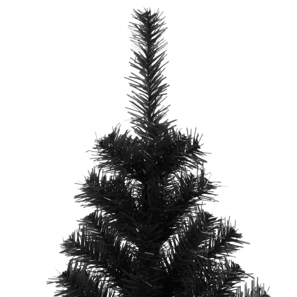 An 8 ft black PVC artificial Christmas tree with stand, featuring full branches.