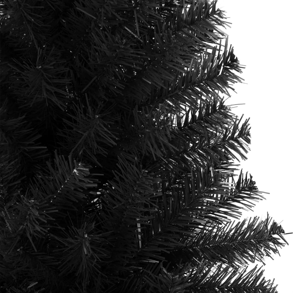 An 8 ft black PVC artificial Christmas tree with stand and full branches.