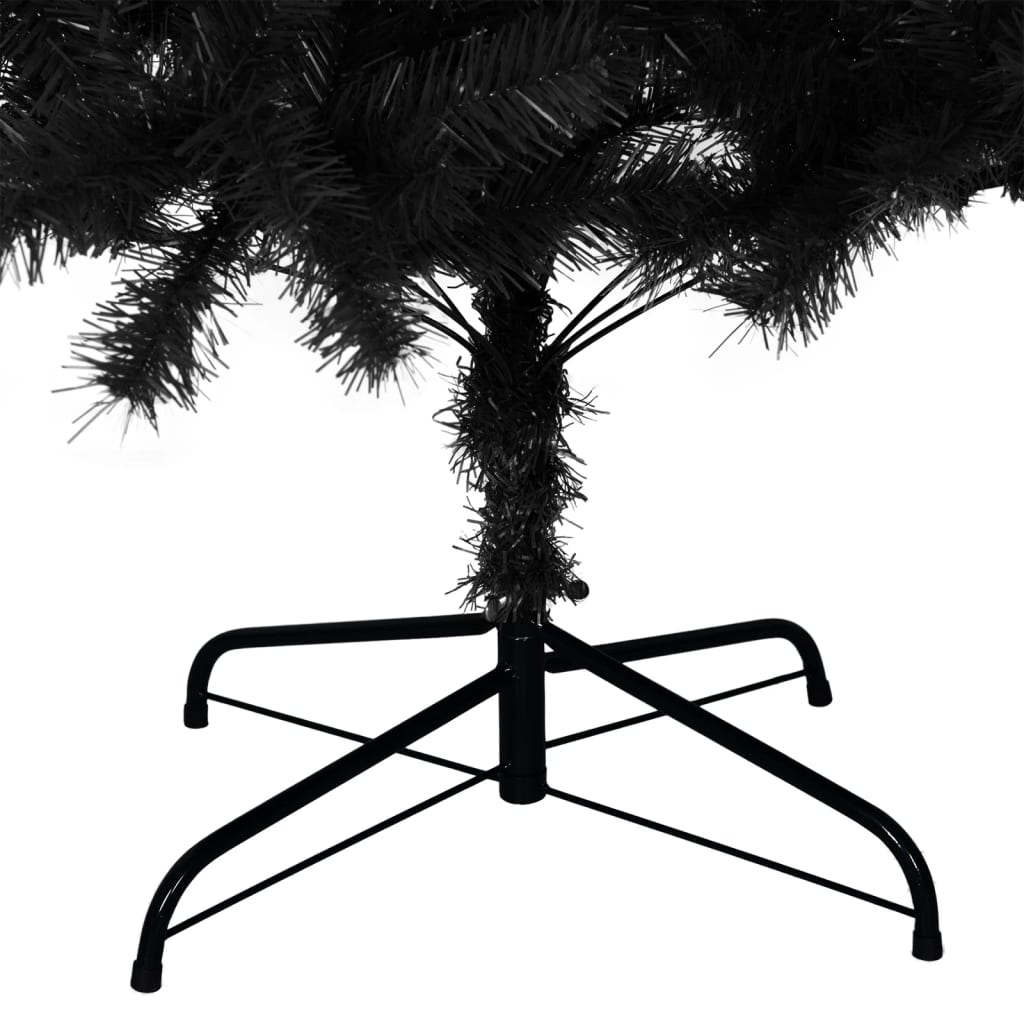 Black 8 ft artificial Christmas tree with dense PVC needles and a sturdy metal stand
