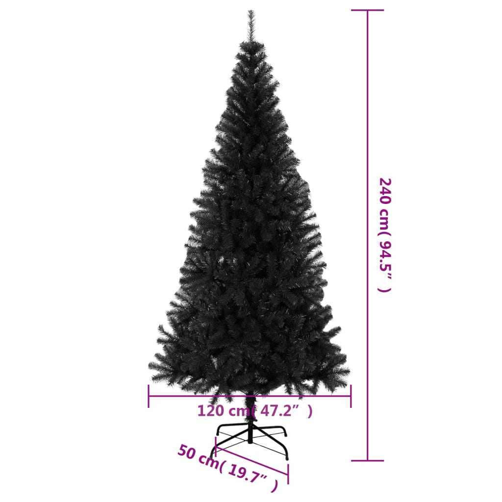 8 ft black PVC artificial Christmas tree with stand, showing height and base dimensions.