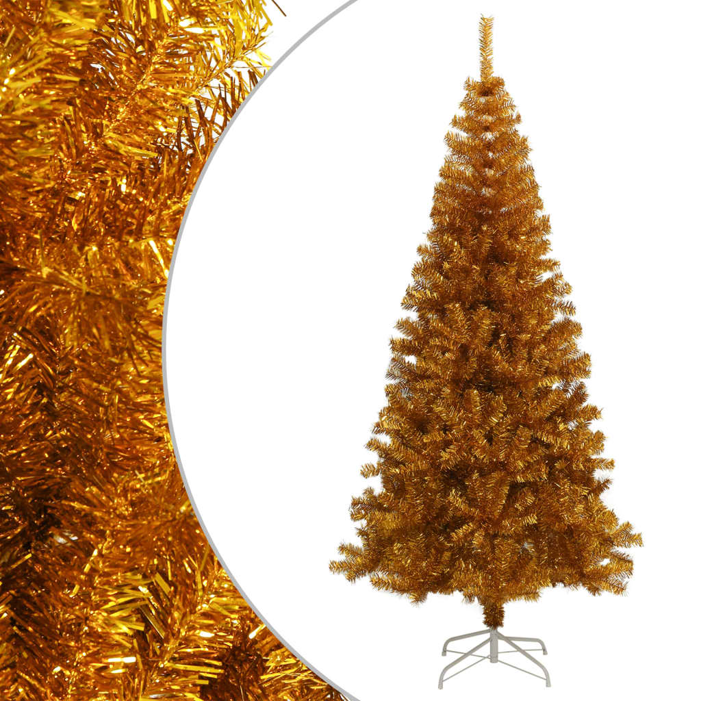 An 8-foot gold artificial Christmas tree with a metal stand on a white background.