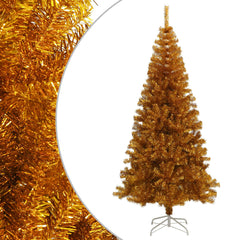An 8-foot gold artificial Christmas tree with a metal stand on a white background.