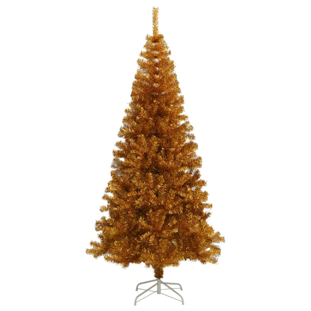 An 8-foot gold artificial Christmas tree with a metal stand.