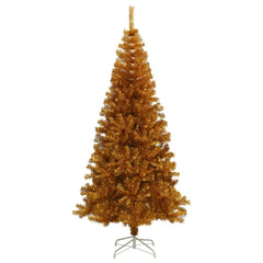 An 8-foot gold artificial Christmas tree with a metal stand.