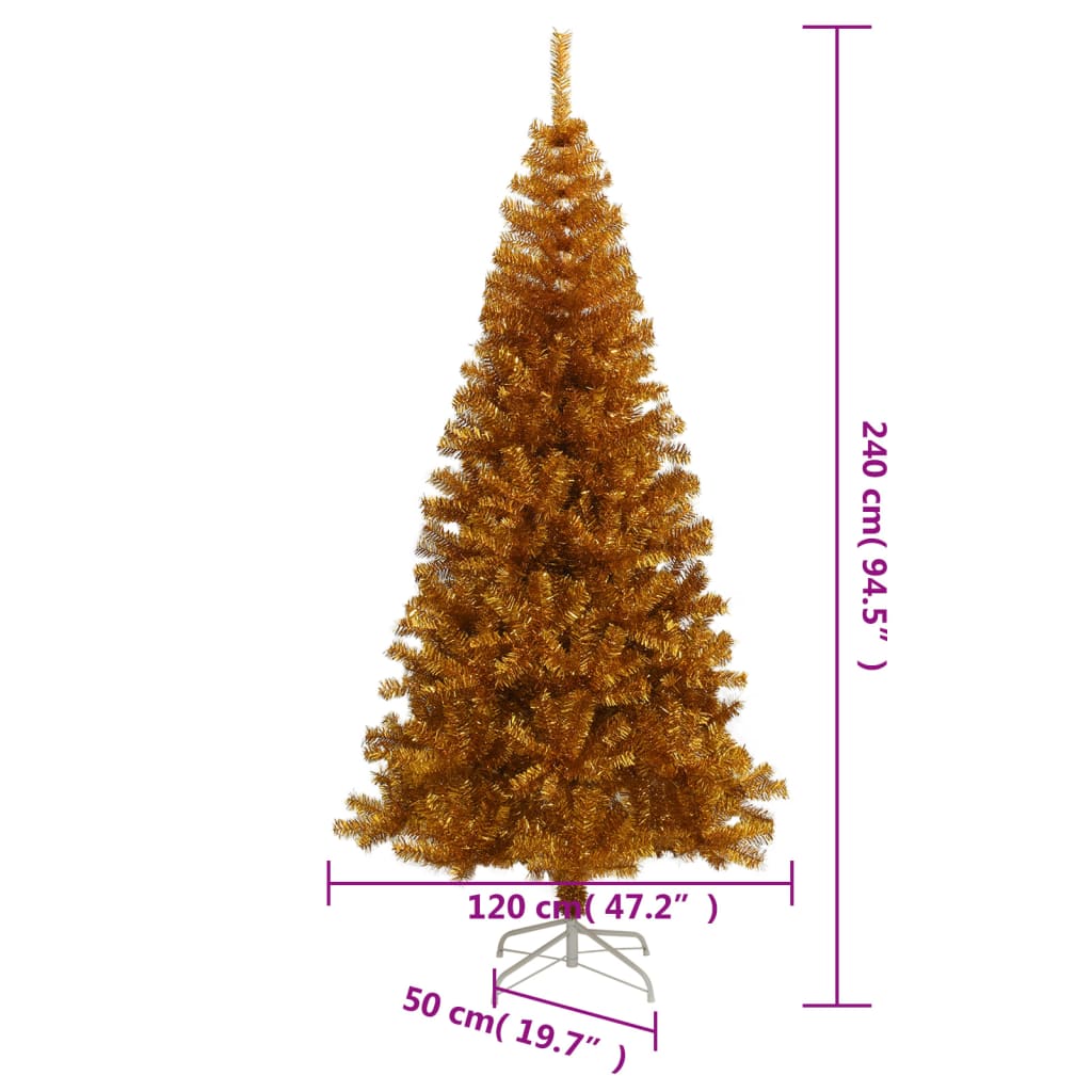 8 ft gold artificial Christmas tree with stand, showing height and base dimensions.