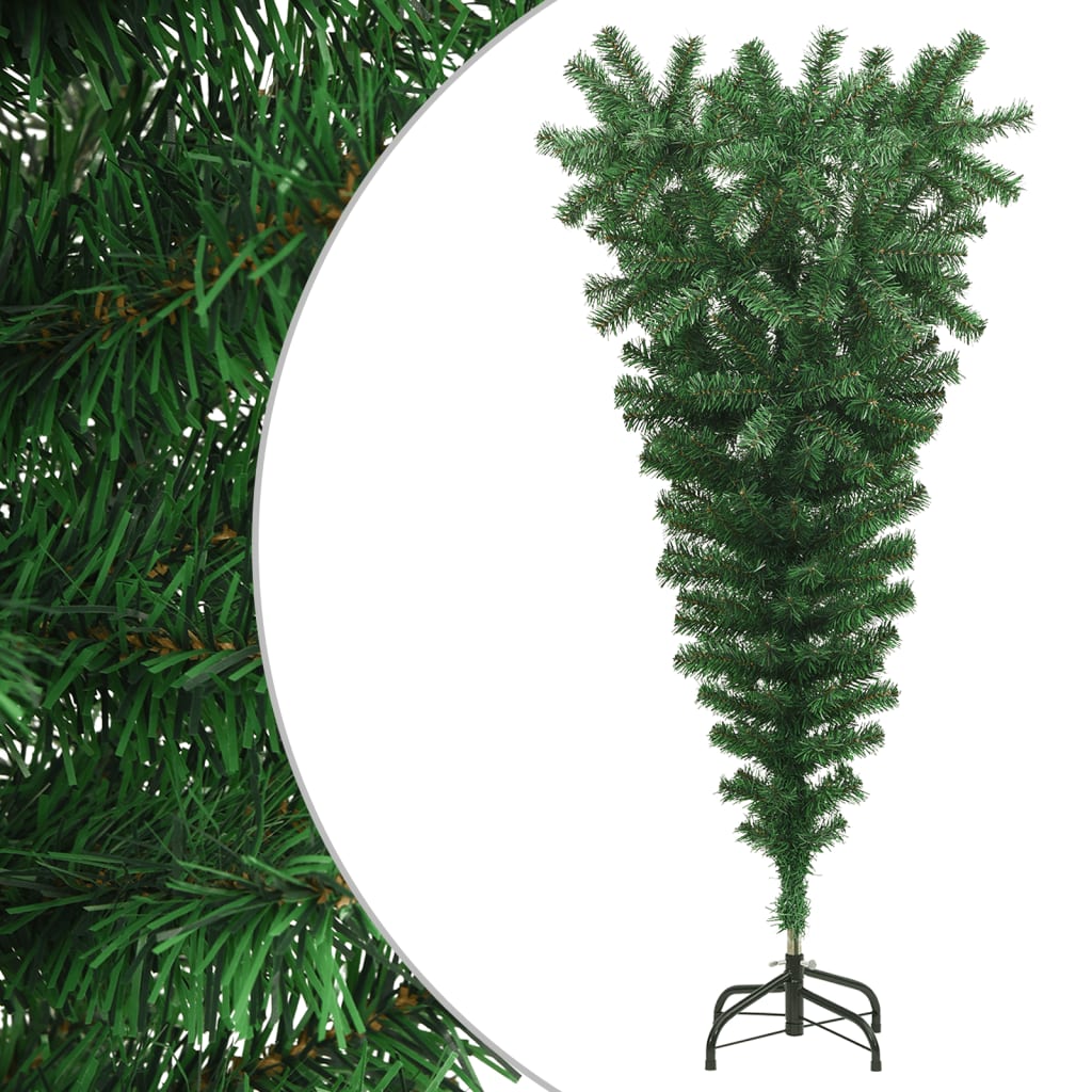 A 5 ft green PVC artificial Christmas tree with an upside-down design and steel stand.