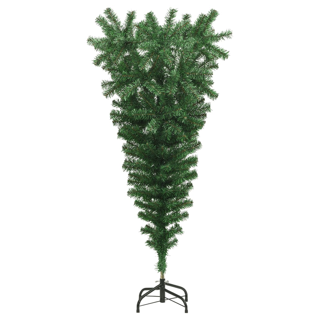 A 5 ft green PVC artificial Christmas tree with an upside-down design and black metal stand.