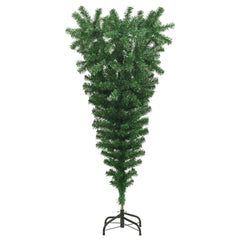 A 5 ft green PVC artificial Christmas tree with an upside-down design and black metal stand.