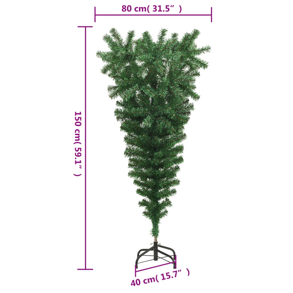 A 5 ft green PVC upside-down artificial Christmas tree with 380 adjustable branches and steel stand.