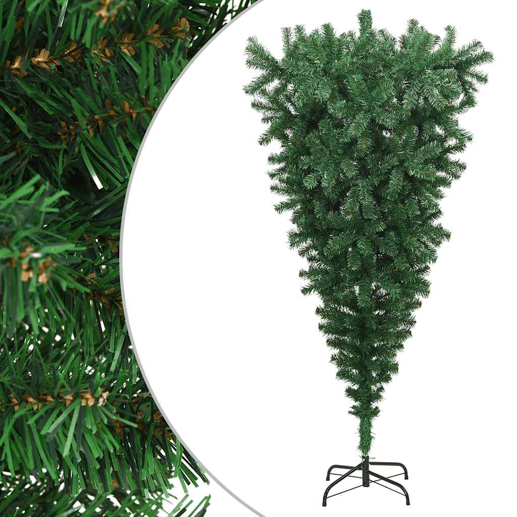 A 6 ft green upside-down artificial Christmas tree on a black stand.