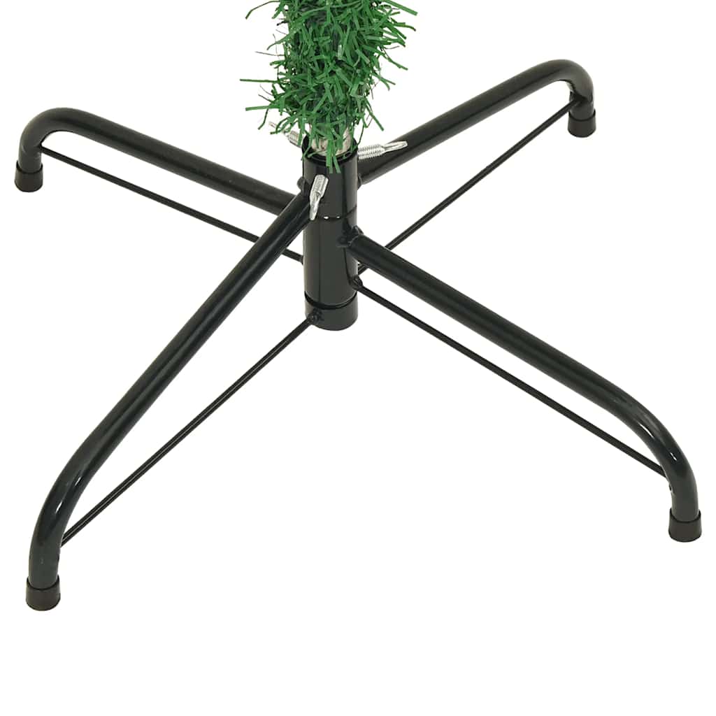 6 ft green upside-down artificial Christmas tree on black metal stand.