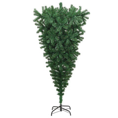 A 7 ft upside-down artificial green Christmas tree with a sturdy black stand.
