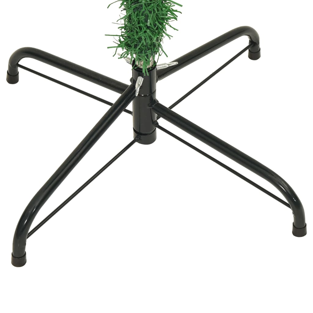 Black metal stand supporting a 7 ft upside-down artificial green Christmas tree.