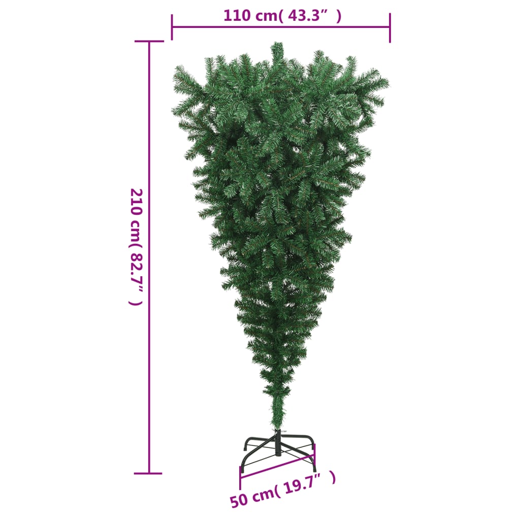 7 ft upside-down artificial green Christmas tree with stand, dimensions 110 cm wide and 50 cm deep.
