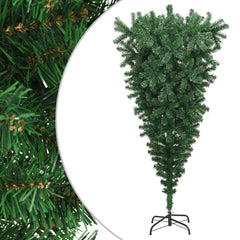 An 8-foot green upside-down artificial Christmas tree with a black metal stand.