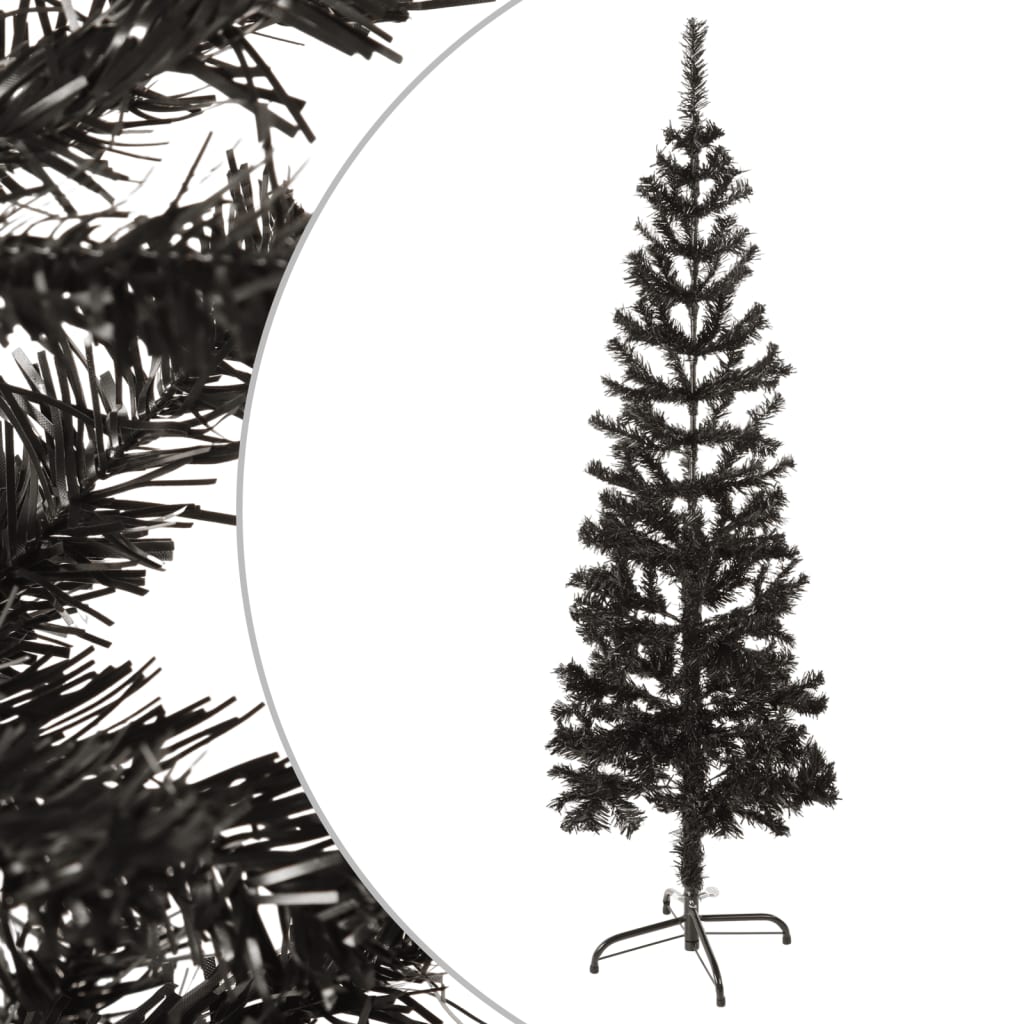 A slim 4-foot black artificial Christmas tree with PVC branches and a metal stand.
