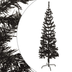 A slim 4-foot black artificial Christmas tree with PVC branches and a metal stand.