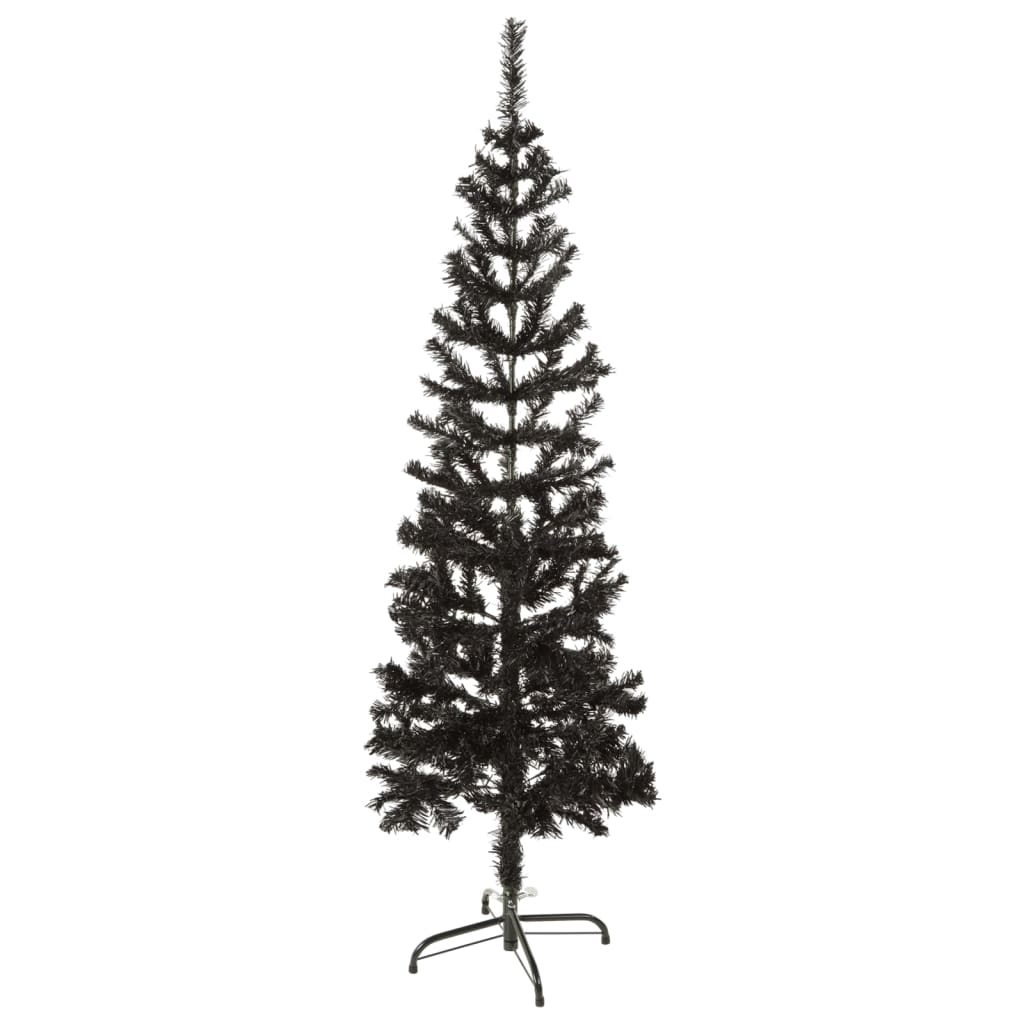 A slim 4 ft black artificial Christmas tree with PVC branches and metal stand.