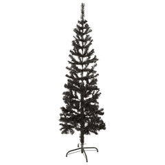 A slim 4 ft black artificial Christmas tree with PVC branches and metal stand.