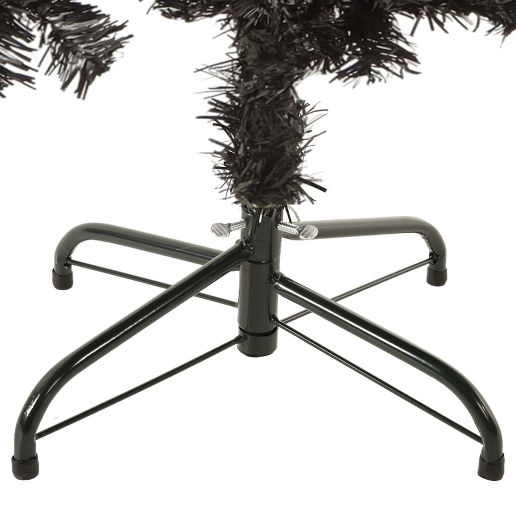 Slim 4 ft black artificial Christmas tree with PVC branches and metal stand.