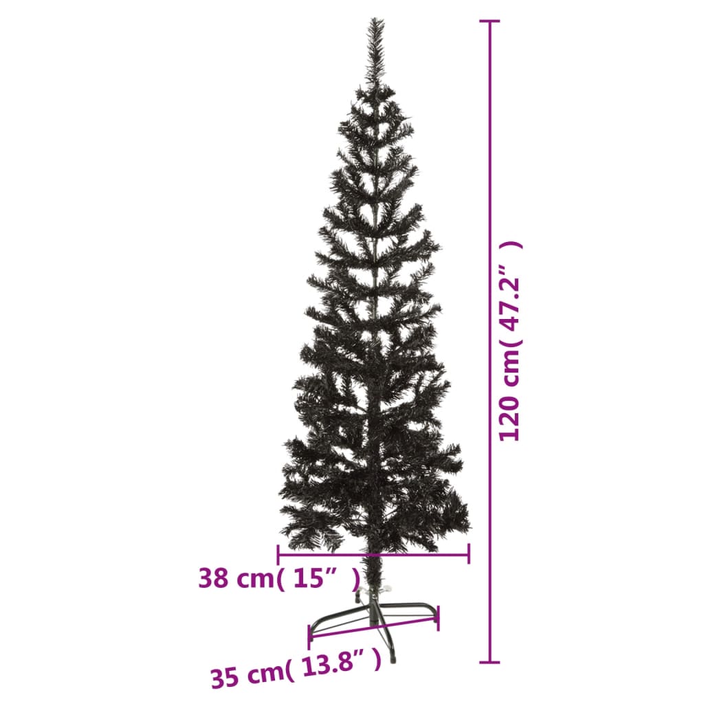 Slim 4 ft black artificial Christmas tree with 120 PVC tips, 38 cm base, and 120 cm height.