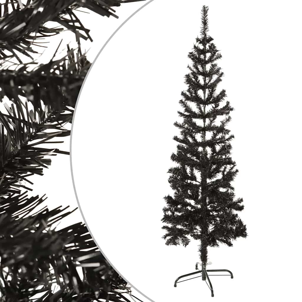 Slim 5 ft black artificial Christmas tree with PVC branches and metal stand.