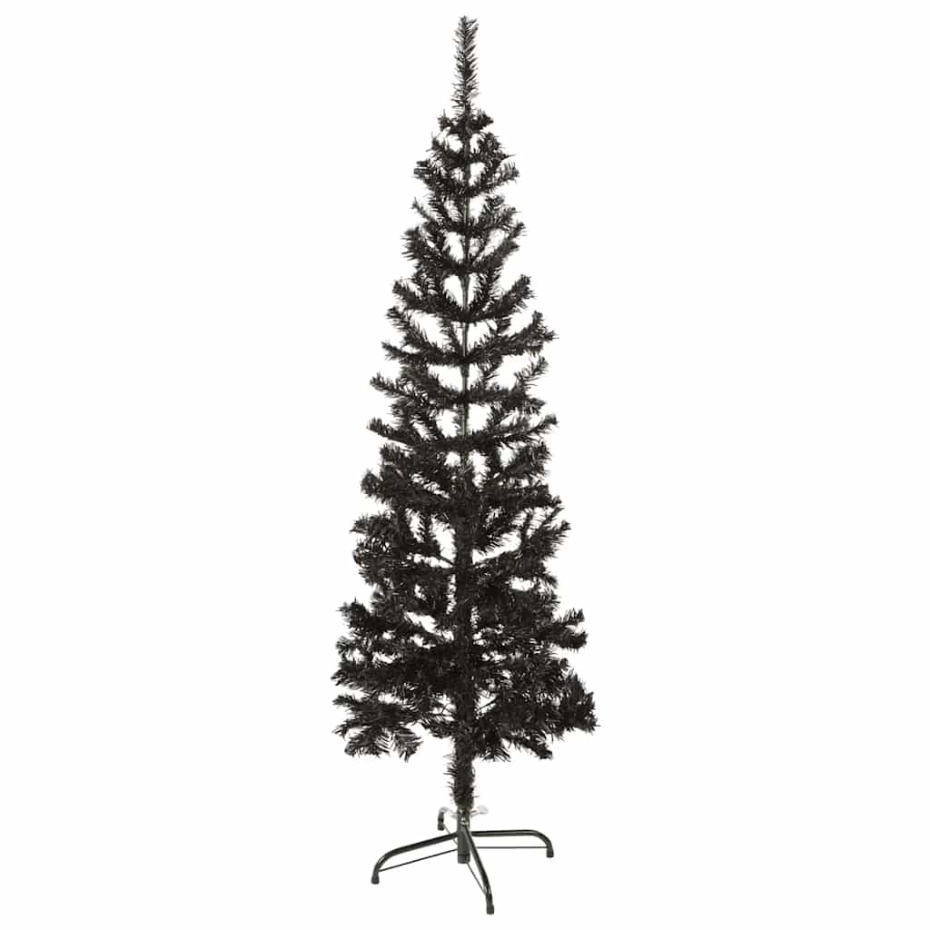 Slim 5 ft black artificial Christmas tree with PVC branches and metal stand.