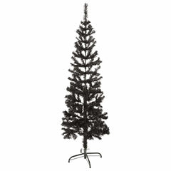 Slim 5 ft black artificial Christmas tree with PVC branches and metal stand.