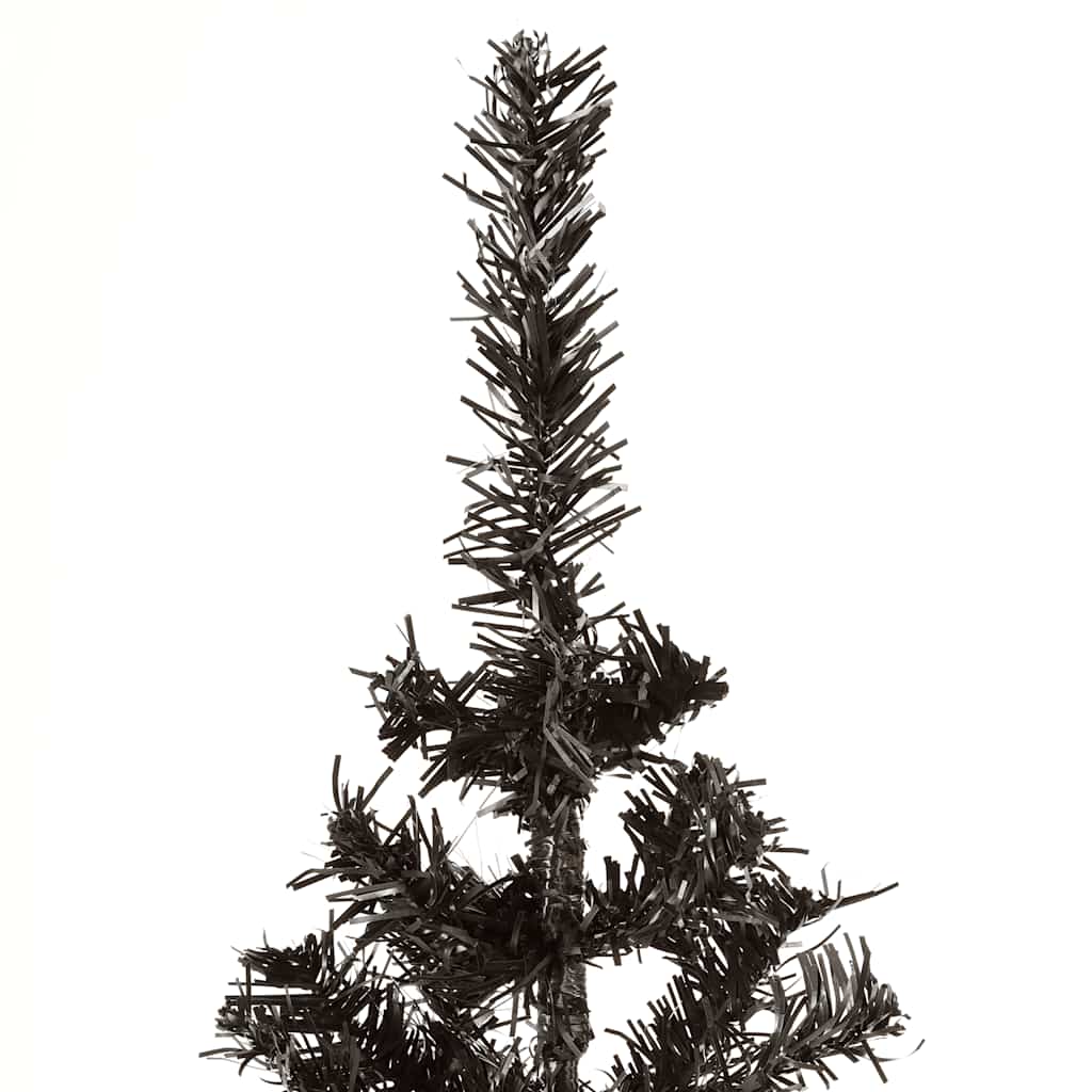 Slim 5 ft black artificial Christmas tree with PVC branches on a stand.