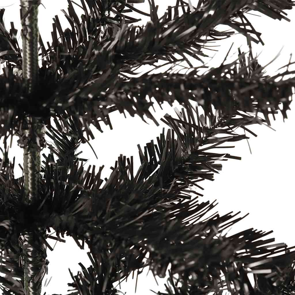 Slim 5 ft black artificial Christmas tree with PVC branches and steel frame.
