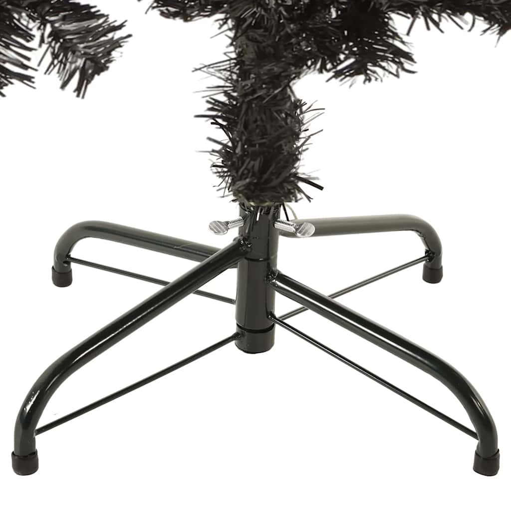 Slim 5 ft black artificial Christmas tree with PVC branches and metal stand.