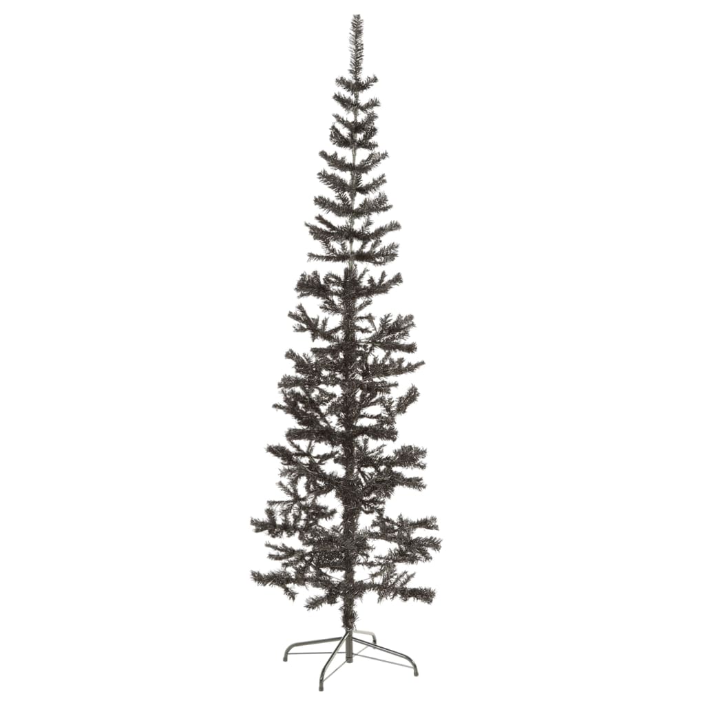 A slim 6-foot black PVC artificial Christmas tree with a metal stand.