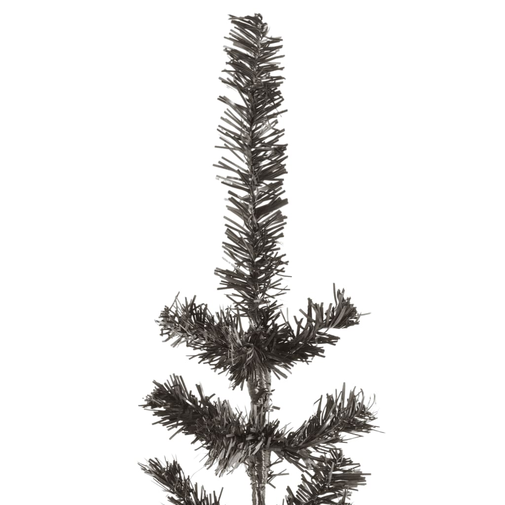 A slim 6 ft black PVC artificial Christmas tree with full, hinged branches on a stable stand.